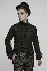 Black Lapel Collar Long Sleeves Frog Jacquard Embroidery Men's Gothic Coat